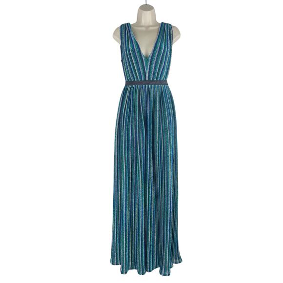 BCBGMaxAzria Metallic Striped Pleated Evening Gown Green Blue Size XXS - Picture 4 of 14